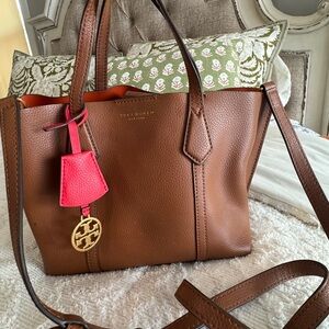 Tory Burch Brown Leather perry small Tote with Pink Charm lkn